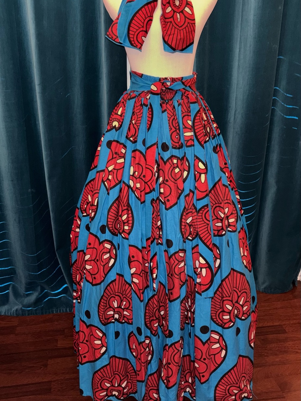 Blue & Red Floral Maxi Skirt - Vibrant Print Women's Skirt